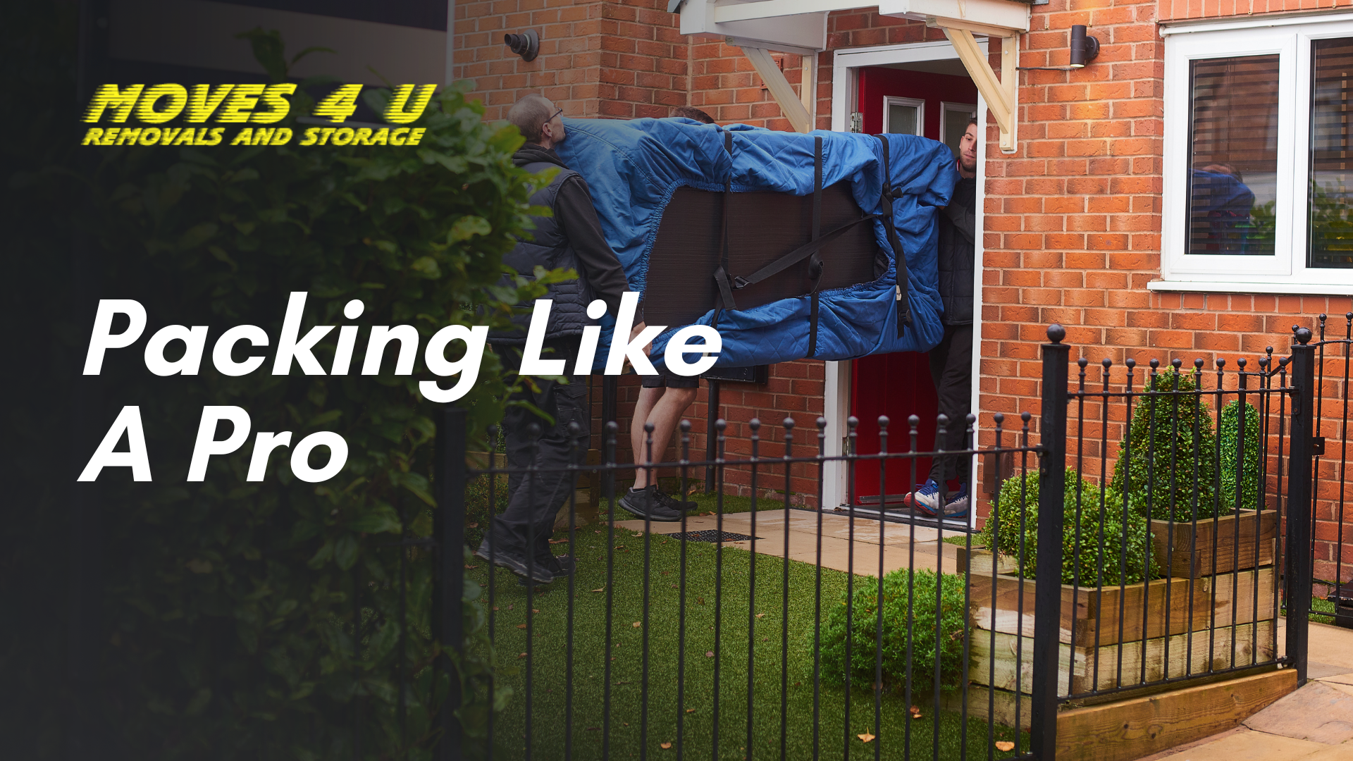 Moves 4 U removals and storage truck parked outside a house in Glasgow with boxes loaded inside, promoting “The Ultimate Moving Checklist”